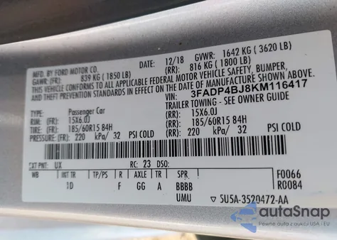 2019 Ford Fiesta Se z USA, uszkodzony, nr VIN 3FADP4BJ8KM116417